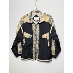 East West Vintage Abstract Print Bomber Jacket Women's‎ Size Small Black Gold